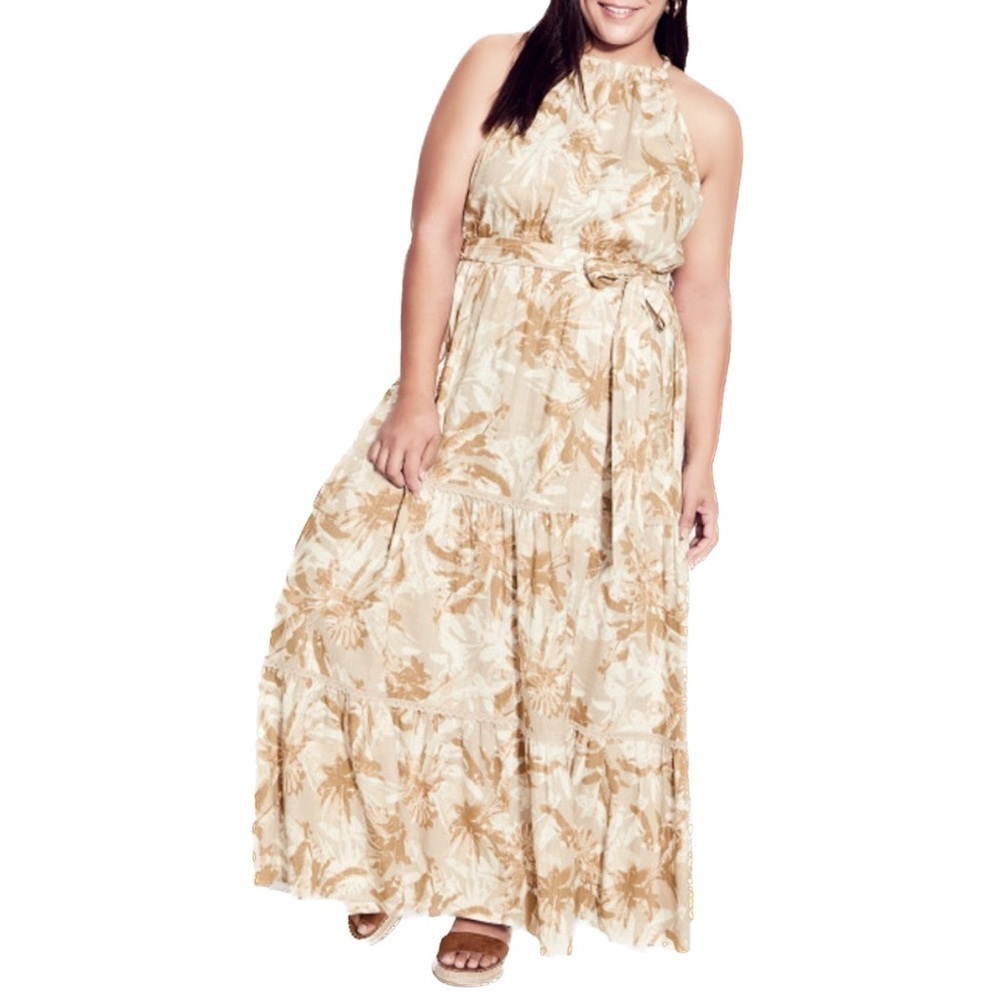 ARNA YORK Raine Halter Neck Linen Blend Cream & Tan Maxi Dress - Picture 4 of 9